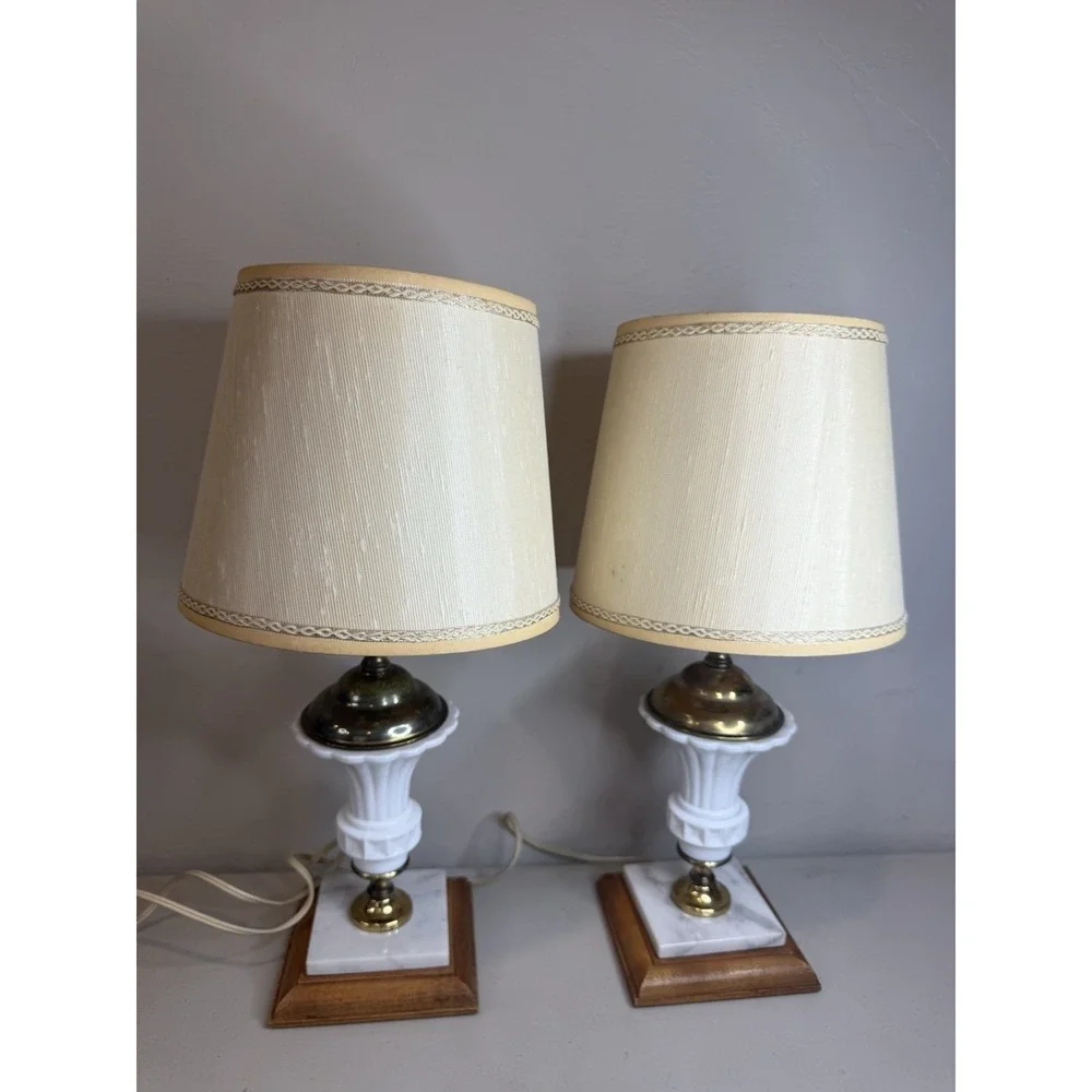 Vintage Milk Glass Brass Urn Table Lamps Marble Wood Base Mid Century Set